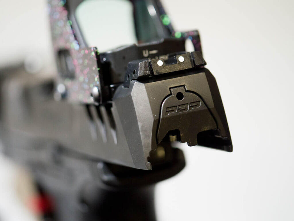 Close up of the back of the slide showing the sights.