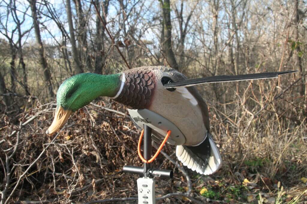 Lucky Duck XHDi spinning wing decoy with flocked wings on tall stake for waterfowl hunting