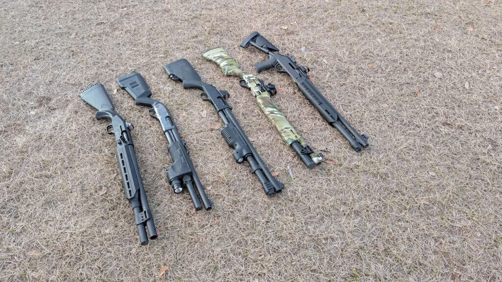Home defense shotguns in a line