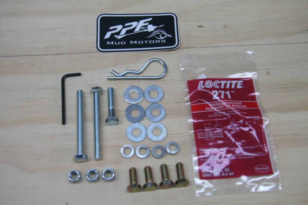 Stainless hardware and components included with PPF Wood Duck mud motor kit
